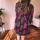 Black + Garnet Feminine Floral A Line Dress