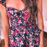 Navy Floral Jacquard Ruffled Cap Sleeve Dress