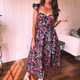 Navy Floral Jacquard Ruffled Cap Sleeve Dress