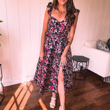 Navy Floral Jacquard Ruffled Cap Sleeve Dress