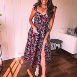 Navy Floral Jacquard Ruffled Cap Sleeve Dress