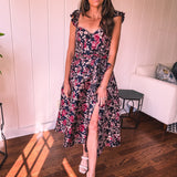 Navy Floral Jacquard Ruffled Cap Sleeve Dress