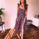 Navy Floral Jacquard Ruffled Cap Sleeve Dress