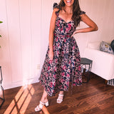 Navy Floral Jacquard Ruffled Cap Sleeve Dress