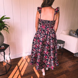 Navy Floral Jacquard Ruffled Cap Sleeve Dress