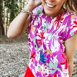 Purple Mix Floral Smock Cap Sleeve Top