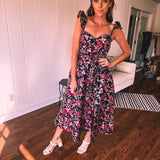 Navy Floral Jacquard Ruffled Cap Sleeve Dress