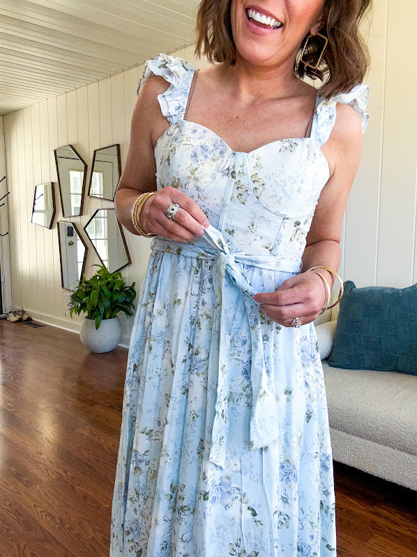 Dusty Blue Cottage Floral Flutter Sleeve Dress