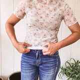 Vintage Floral Lace Sheer Mock Neck Short Sleeve