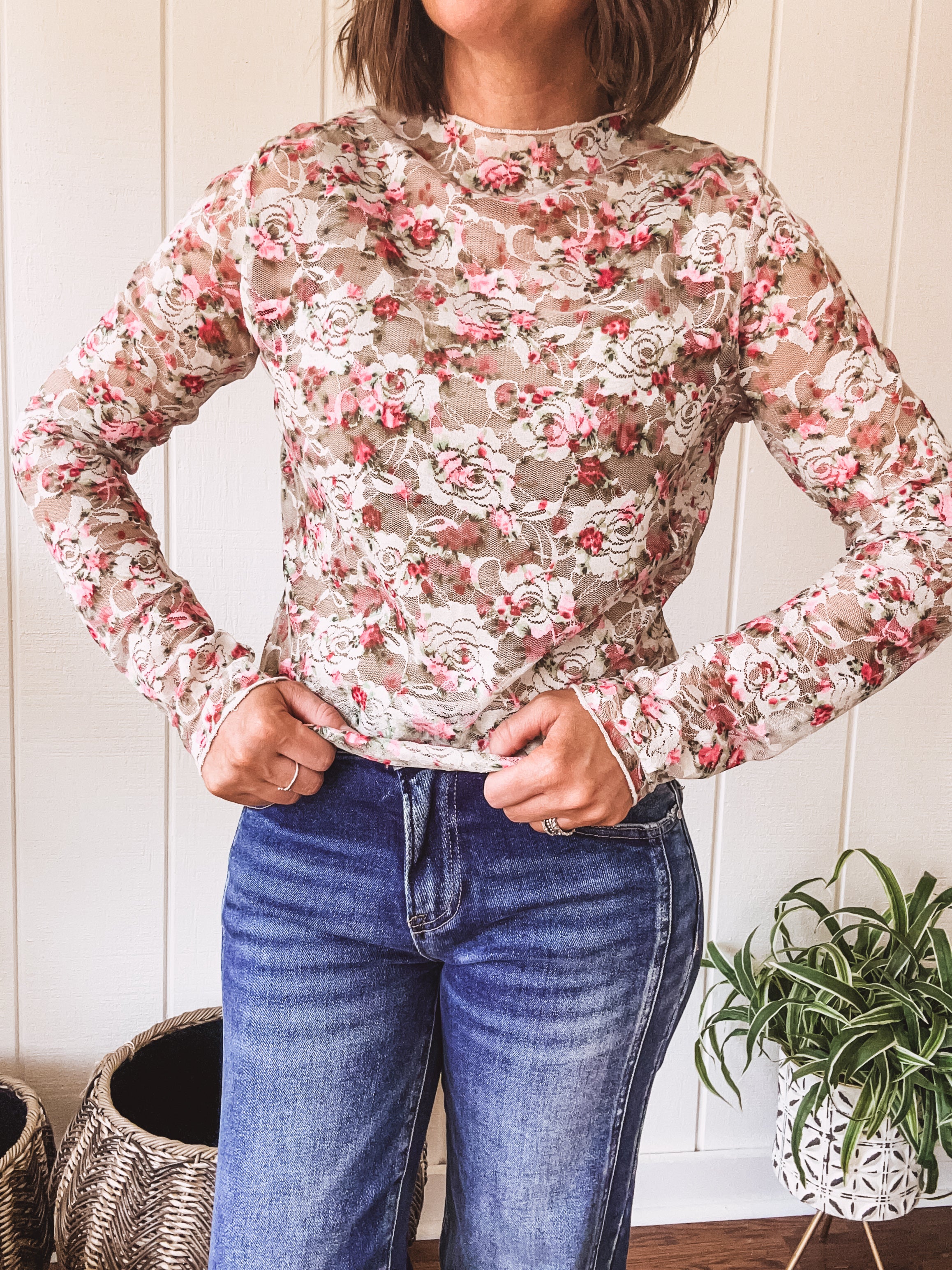 Light blue floral lace sheet mesh with long sleeves and pink accents