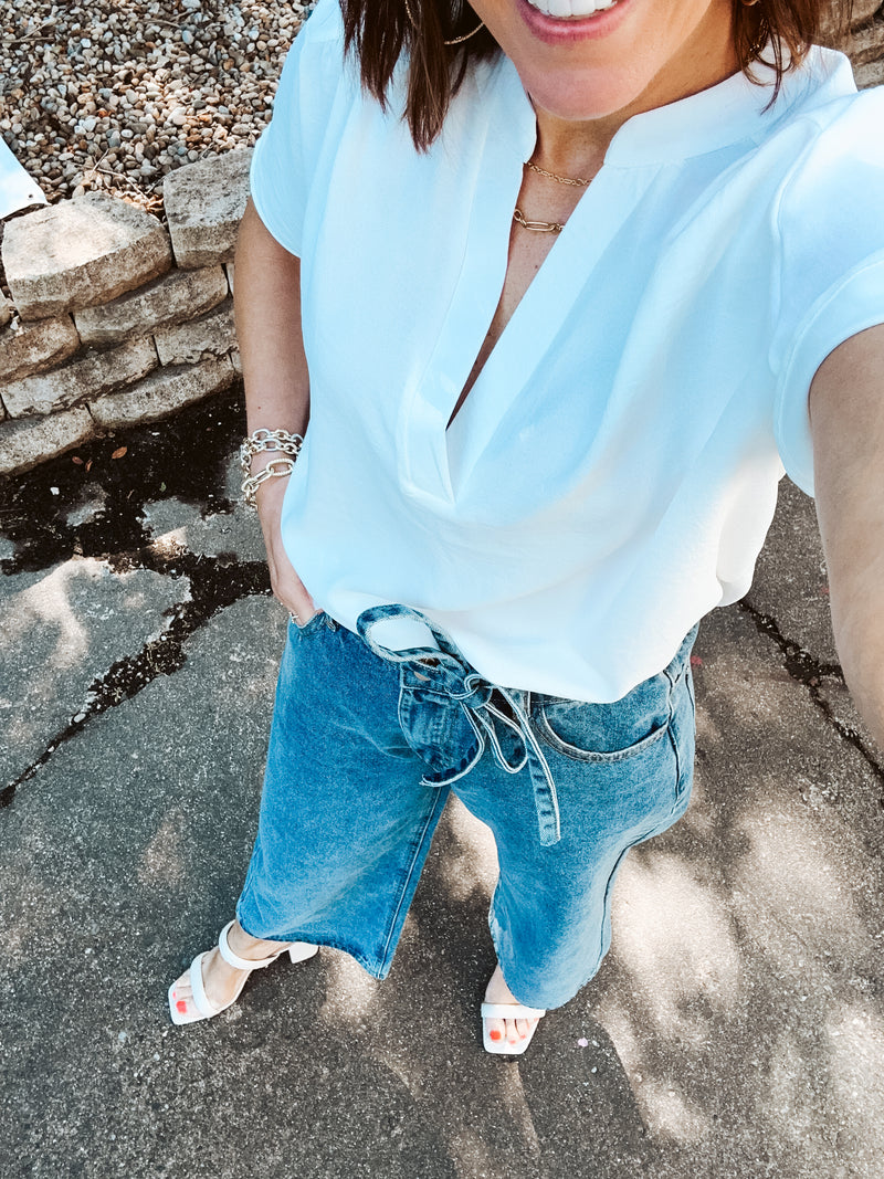 V Neck Dolman with Gathered Shoulder Detail