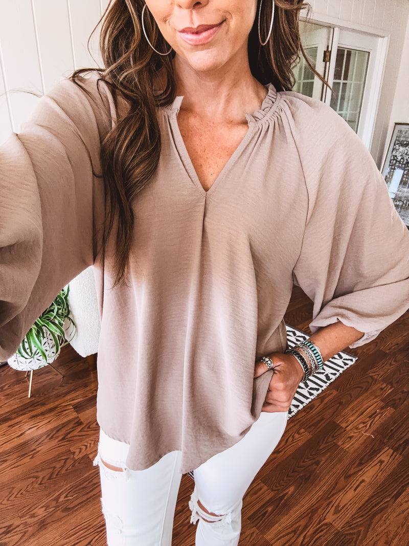 Ruffle Neckline Puff Sleeve Blouse