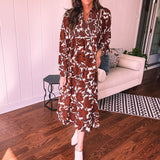 Brown Floral Smocked Yoke Midi Dress