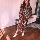 Brown Floral Smocked Yoke Midi Dress