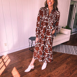 Brown Floral Smocked Yoke Midi Dress