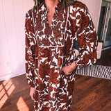 Brown Floral Smocked Yoke Midi Dress