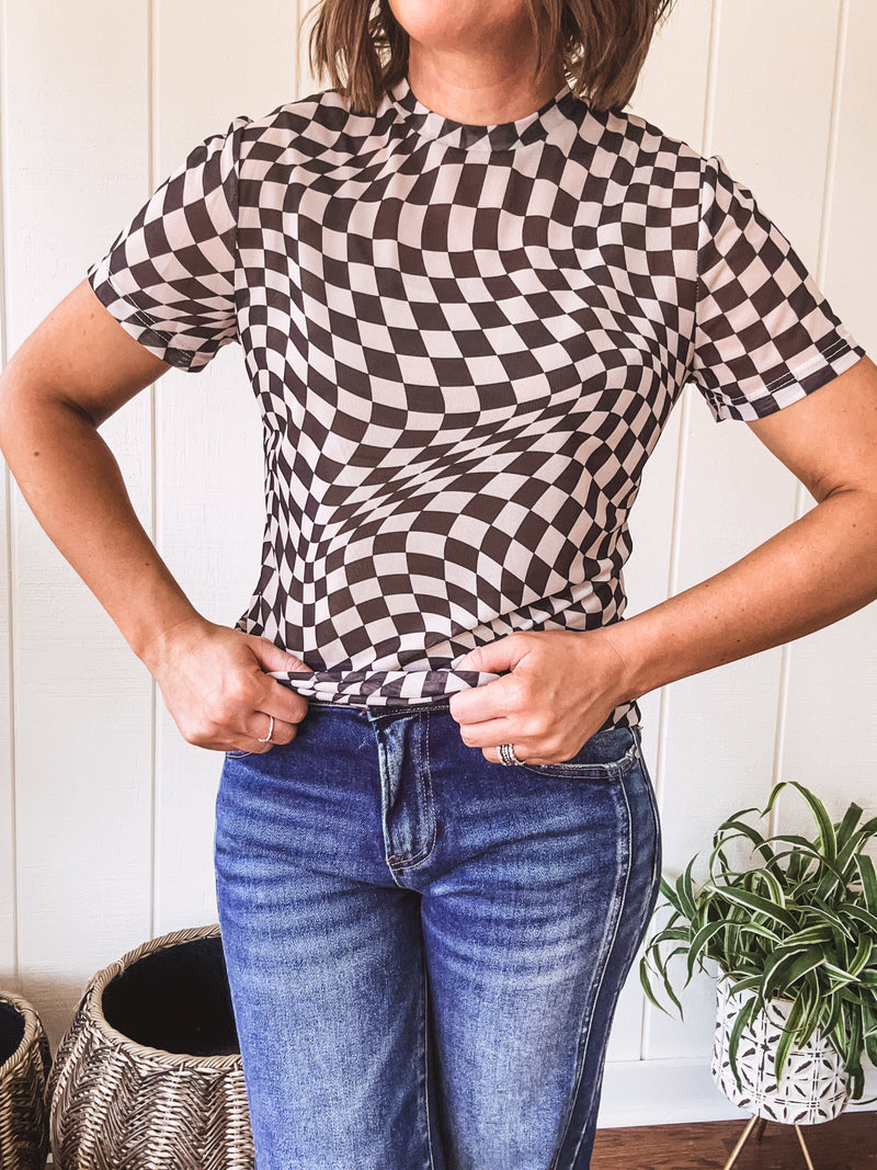 Black & White Checker Short Sleeve Mesh