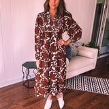 Brown Floral Smocked Yoke Midi Dress