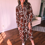Brown Floral Smocked Yoke Midi Dress