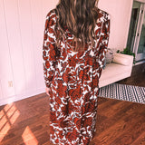 Brown Floral Smocked Yoke Midi Dress