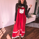 Red Terry Knit Patchwork Overalls
