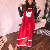 Red Terry Knit Patchwork Overalls