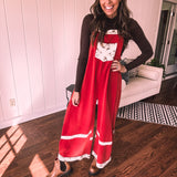 Red Terry Knit Patchwork Overalls