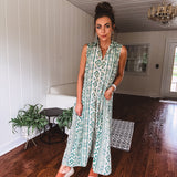 Green Aztec Mix Print Wide Leg Jumpsuit