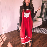 Red Terry Knit Patchwork Overalls