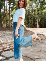 2 Button Waistband Denim Wash Pants with Self Tie