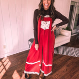 Red Terry Knit Patchwork Overalls