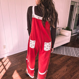 Red Terry Knit Patchwork Overalls