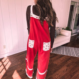 Red Terry Knit Patchwork Overalls