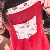 Red Terry Knit Patchwork Overalls