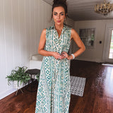 Green Aztec Mix Print Wide Leg Jumpsuit