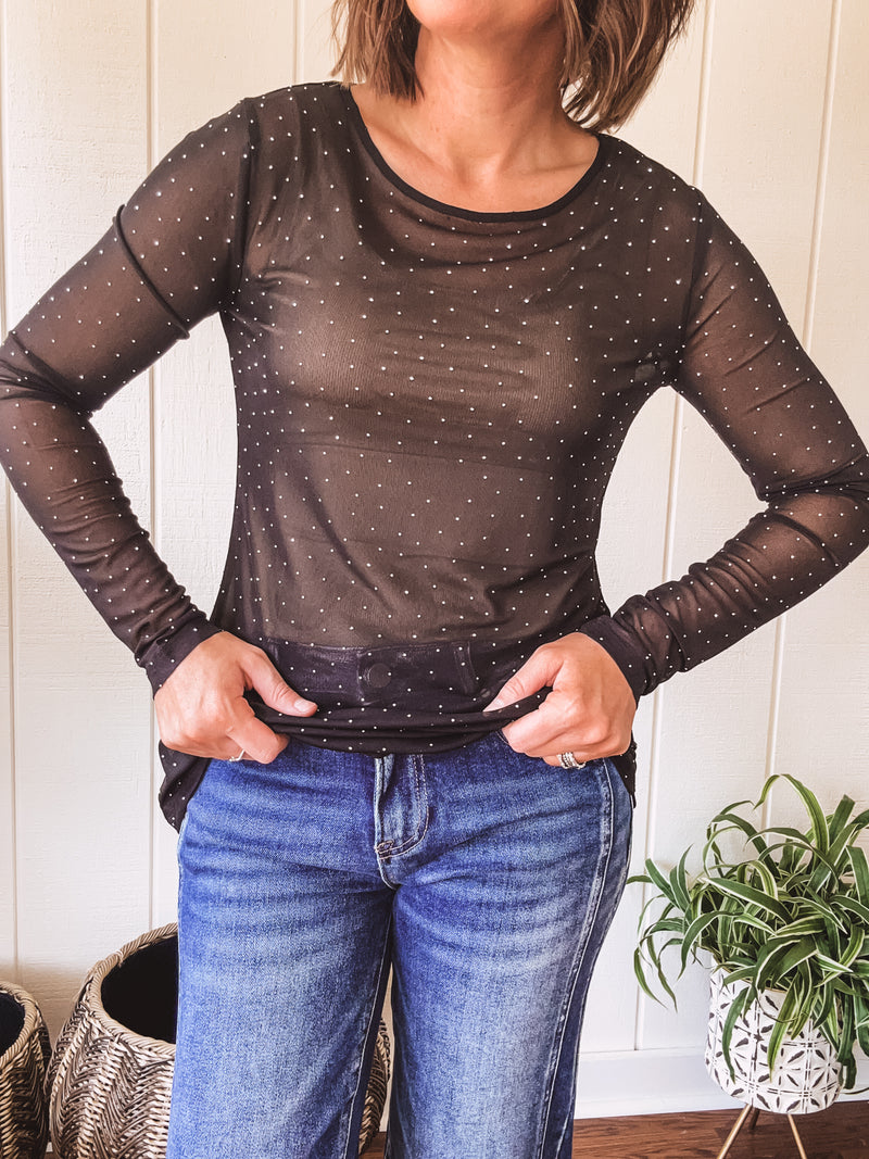 Black Long Sleeve Mesh Top With Sparkle Detail