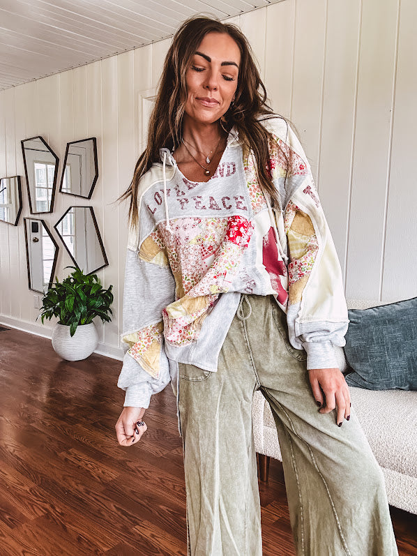 Cotton terry knit wide leg pants with raw hems, oversized pockets and drawstring waist.