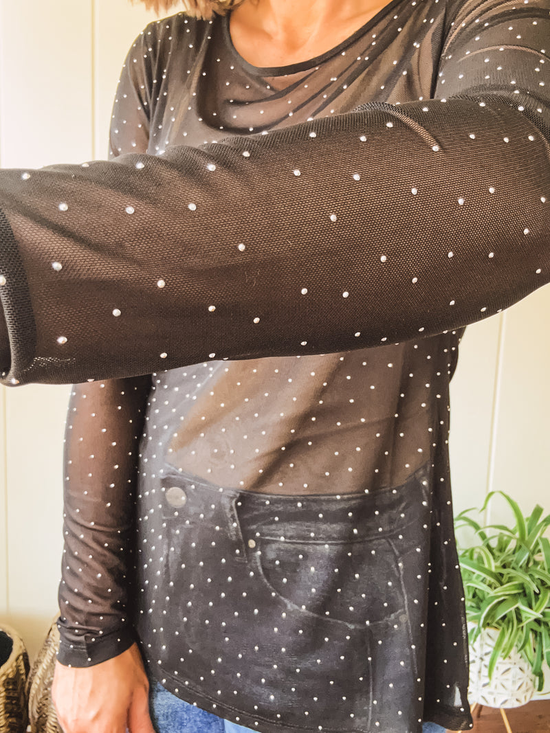 Black Long Sleeve Mesh Top With Sparkle Detail