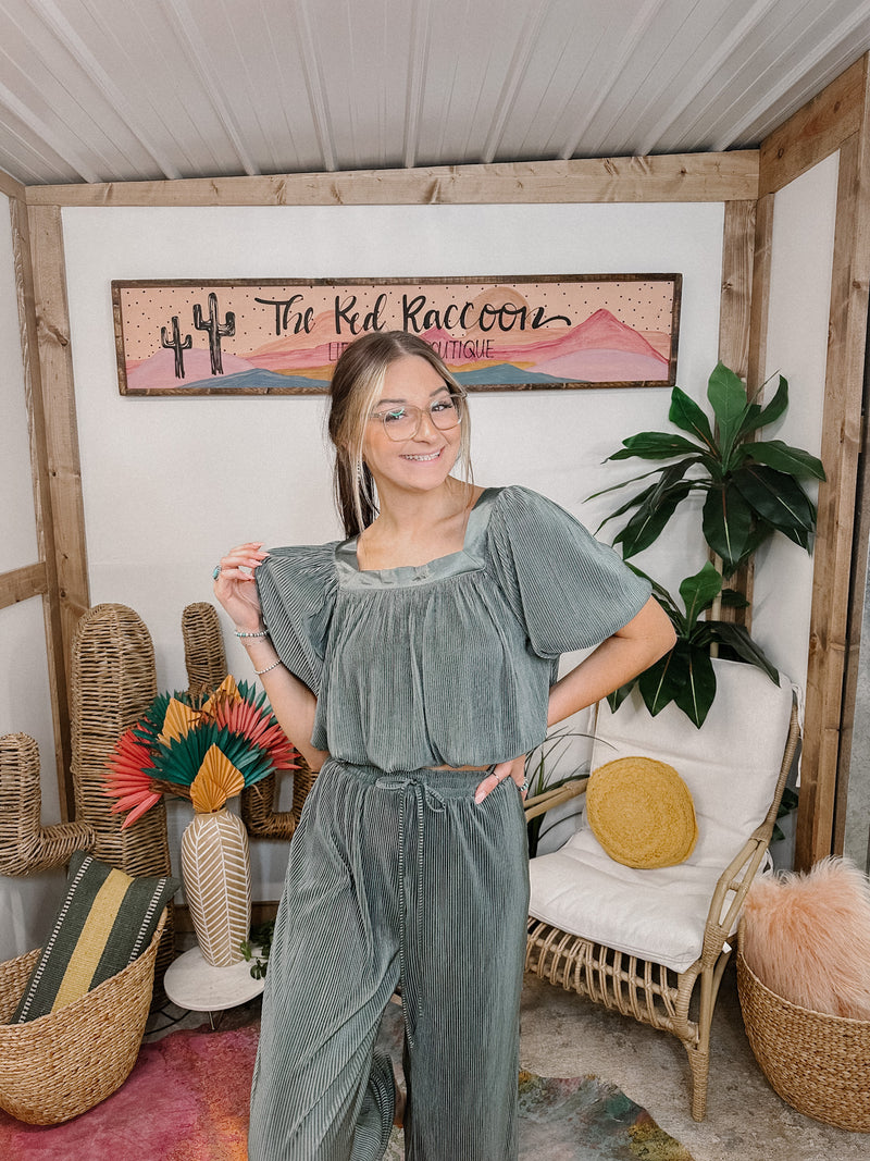 Desert Sage Pleated Bubble Hem Top