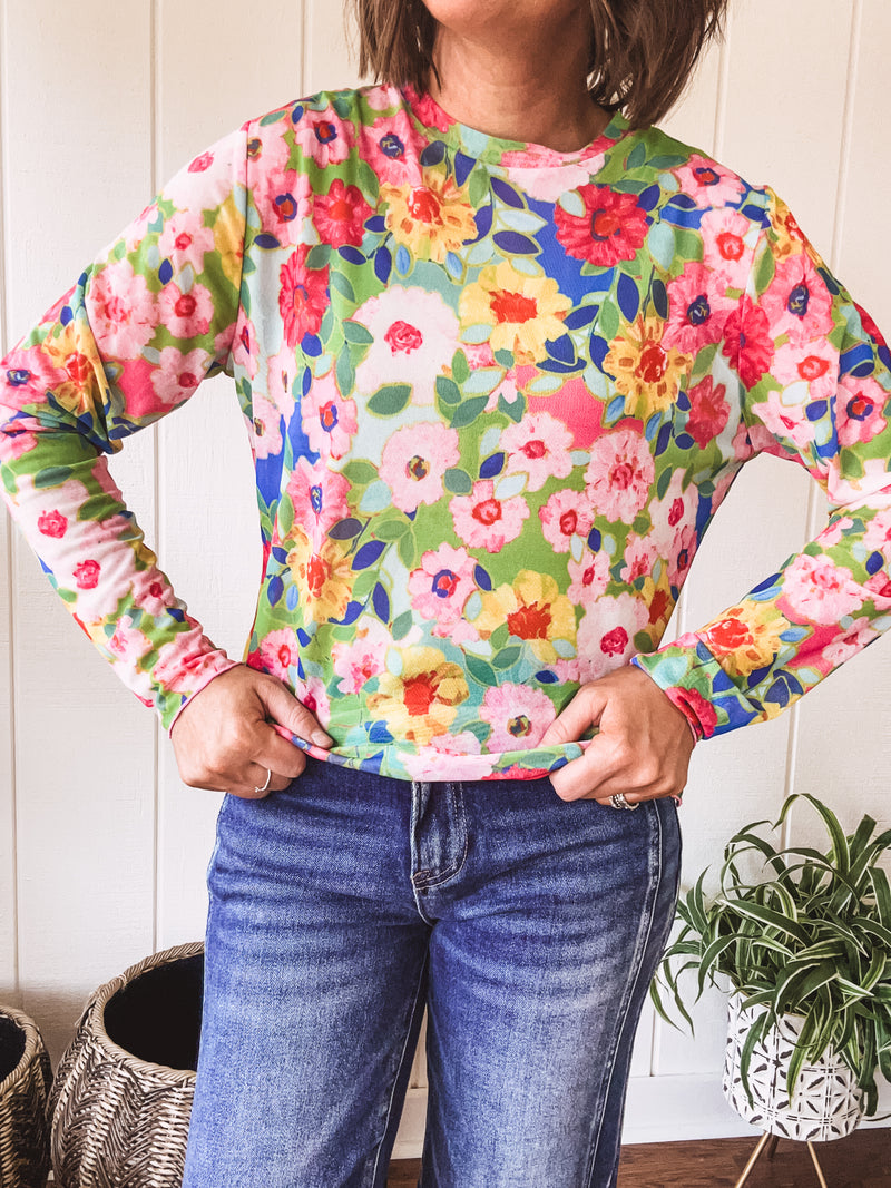 Pink Multi Flower Mesh Sheer L/S