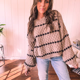 Taupe Woven Stripe Oversized Balloon Sleeve Knit Sweater