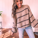 Taupe Woven Stripe Oversized Balloon Sleeve Knit Sweater