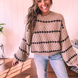 Taupe Woven Stripe Oversized Balloon Sleeve Knit Sweater