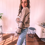 Taupe Woven Stripe Oversized Balloon Sleeve Knit Sweater