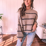 Taupe Woven Stripe Oversized Balloon Sleeve Knit Sweater