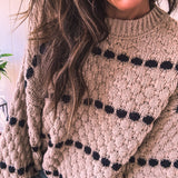 Taupe Woven Stripe Oversized Balloon Sleeve Knit Sweater