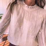 Ivory Chic Embroidered Blouse with Flutter Neckline