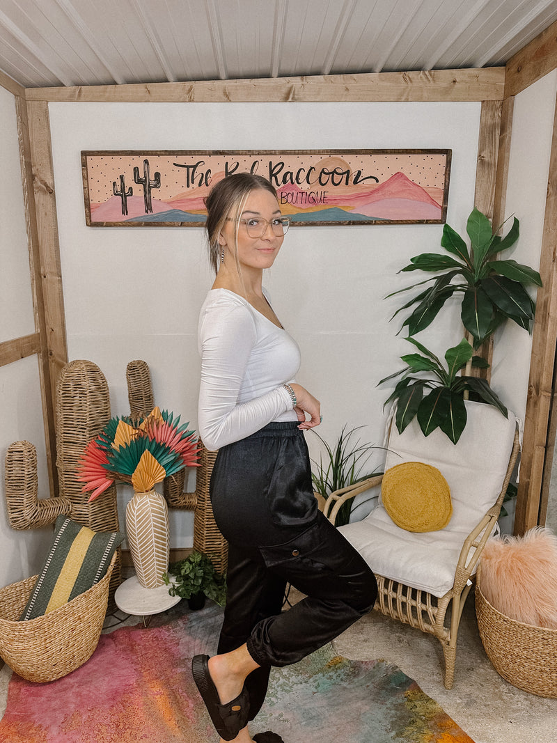 Black Crepe Satin Peach Skin Joggers