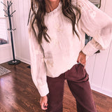 Ivory Chic Embroidered Blouse with Flutter Neckline