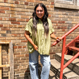 Chartreuse Short Sleeve Ruch Button Up Flutter Sleeve